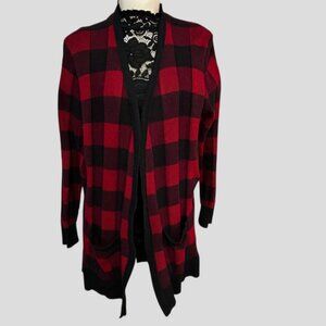 Eddie Bauer Red & Black Plaid Open Front Knit Long Cardigan Size XL